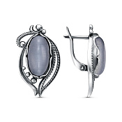 Серьги ажурные винтажные из серебра с иск. кошачьим глазом