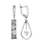 Серьги ажурные с подвесками из серебра с имитацией жемчуга