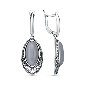 Серьги ажурные с подвесками из серебра с иск. кошачьим глазом