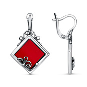 Серьги геометрические ажурные из серебра с иск. кораллом