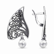 Серьги ажурные из серебра с имитацией жемчуга