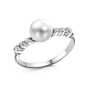 Кольцо тонкое из серебра с жемчугом и фианитами