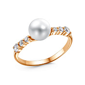 Кольцо тонкое из золоченого серебра с жемчугом и фианитами